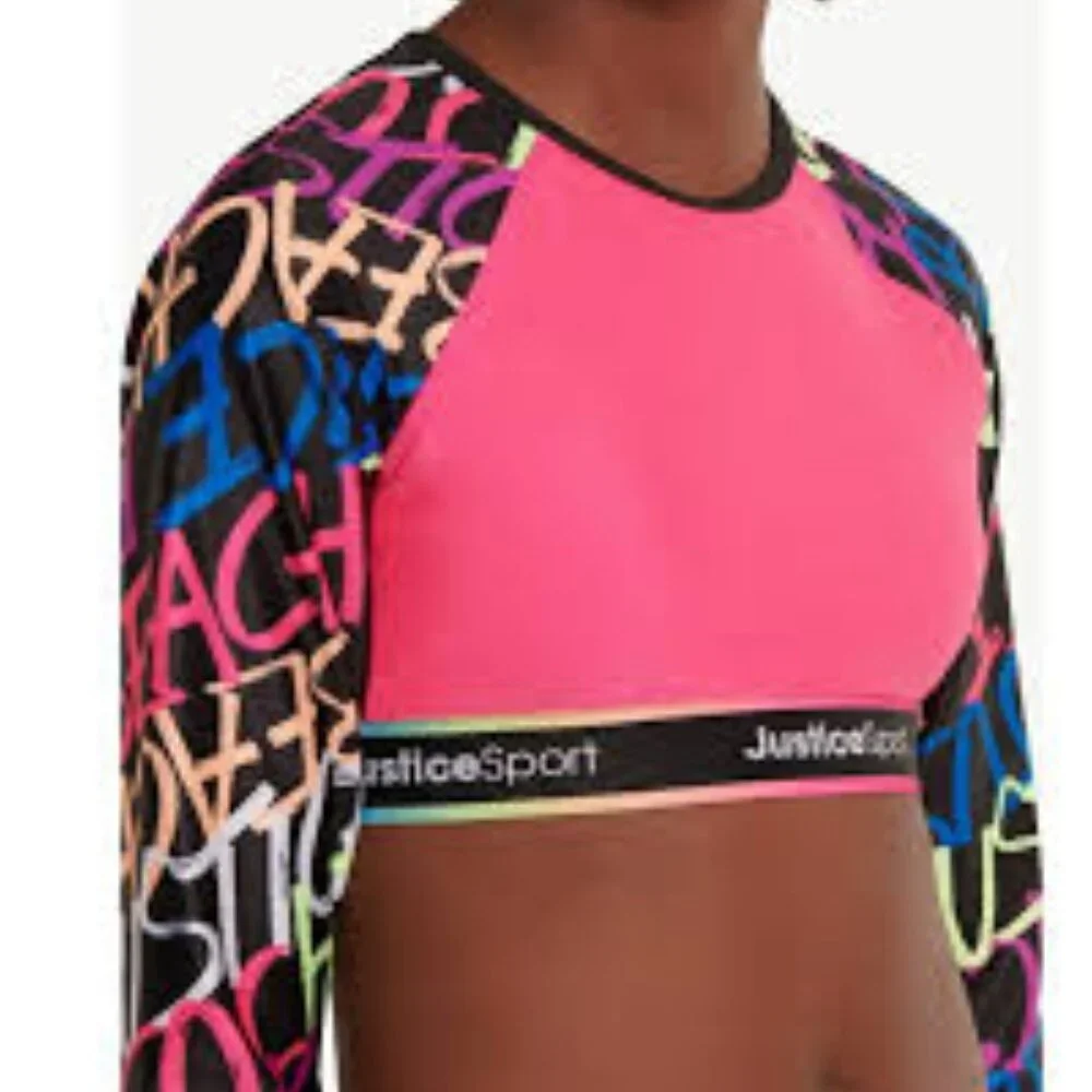 NWT Justice Sport Girls Pink Long Sleeve Rashguard Swimsuit Set L 12-14
